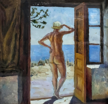Чехов Сергей Михайлович. Обнажённая в проёме двери. Бумага, масло. 37,5х39,2. Начало 20 века. Литературно-художественный музей книги А.П.Чехова `Остров Сахалин`.