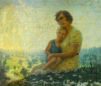 Чехов Сергей Михайлович. Портрет В.Я.Чеховой и Серёжи. Холст, масло. 108х128,5. Начало 1950-х. Государственный литературно-мемориальный музей-заповедник А.П.Чехова `Мелихово`.
