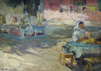Савченкова Мария Владимировна. Колхозные ясли. Картон, масло. 45х61. 1967. Городской историко-художественный музей г.Стаханова.