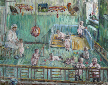 Шапошникова-Иваненко Елена Михайловна. Ясли. Манеж. Холст, масло. 59х72. 1940-е. Картинная галерея (Волжский).