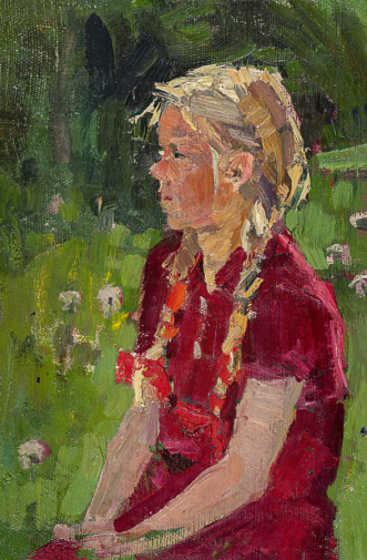 Кабанова Галина Ивановна. Девочка с косичками. Холст на картоне, масло. 29,4х19,3. Конец 1950-х. Дальневосточный художественный музей.