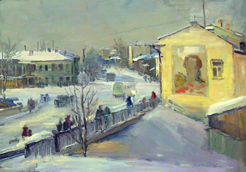 Кулаков Сергей Васильевич. Зимний, вечерний городской пейзаж. (Бывший Мяснорядский мост через Золотуху). Картон, масло. 32,8х47. 1963. Вологодская областная картинная галерея.