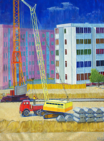 Лунёв Александр Петрович. На стройке. Холст, масло. 129х94. 1985. Симферопольский художественный музей.