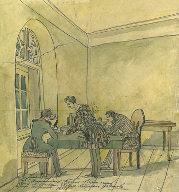 Бальмен Яков Петрович. Н.В.Гоголь, князь М.Одоевский и граф А.Н.Панин в комнате у стола. Бумага, акварель, тушь. 19х18. 1838. Государственный исторический музей.
