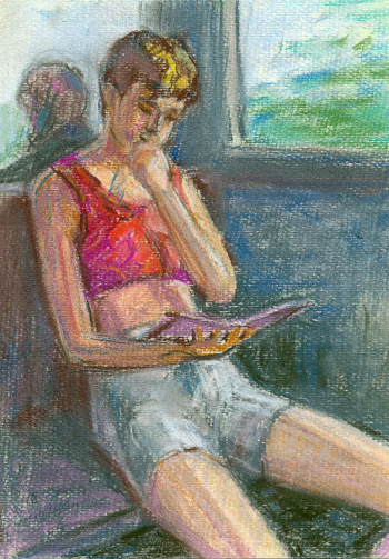 Хуторов Александр Георгиевич. В вагоне с книгой. Бумага, пастель. 29,5х20,9. 2000. Музей Лаишевского края имени Г.Р.Державина.