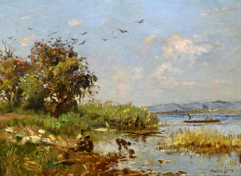 Морис Левис. Стирка на озере Виктория. Момбаса. Картон, масло. 24х33. Частное собрание.