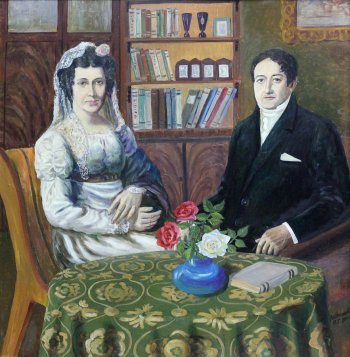 Лактионов Пётр Григорьевич (1940). Михаил Щепкин с супругой. ДВП, масло. 111х110. 2000. Белгородский государственный музей народной культуры.