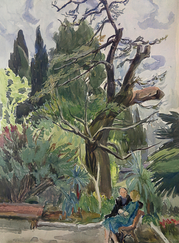 Самойловских Анна Ивановна. В парке. Хоста. Бумага, акварель, гуашь. 61х44. 1954. Кунгурский историко-архитектурный и художественный музей-заповедник.