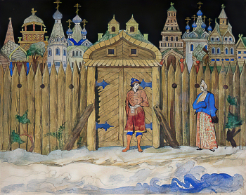 Буторин Дмитрий Николаевич. Город Гурьев. Эскиз театральной декорации. Бумага, темпера. 24,7х30,8. 1934. Государственный музей Палехского искусства.