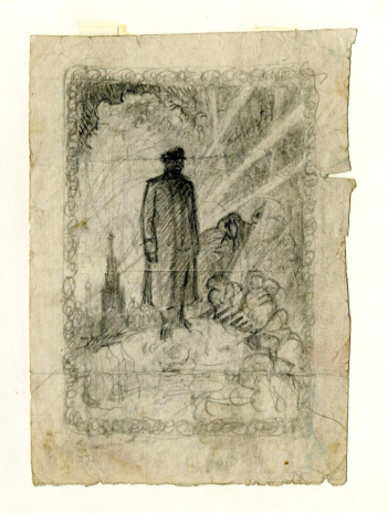 Буторин Дмитрий Николаевич. Сталин. Эскиз для лаковой миниатюры. Бумага, карандаш. 21,4х15,4. 20 век. Государственный музей Палехского искусства.
