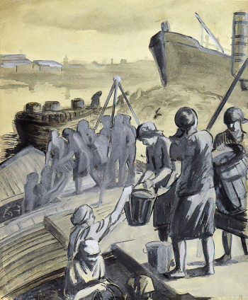 Критская Анна Михайловна. Очистка баржи. Бумага, гуашь. 25х21. 1933. Вологодская областная картинная галерея.