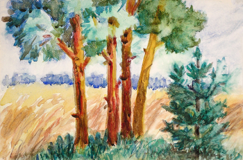 Критская Анна Михайловна. Хлебное поле в Задонске. Бумага, акварель. 24,4х37. 1977. Картинная галерея (Красноармейск).