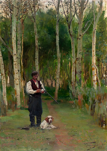 Кузнецов Николай Дмитриевич (1850-1929). Охотник в роще. Бумага на картоне, масло. 35,5х25,5. 1888. Дальневосточный художественный музей.