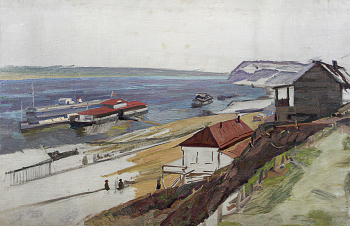 Тулупов Сергей Иванович. Посёлок у реки. Холст, масло. 64,5х99. Частное собрание.