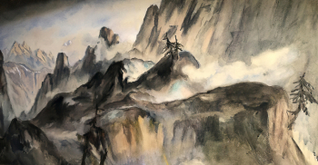 Федотов Иван Сергеевич. В Альпах. `Полководец Суворов`. Эскиз декорации. Бумага на фанере, карандаш, акварель, гуашь. 52,5х112,5. 1939. Государственный центральный театральный музей имени А.А.Бахрушина.