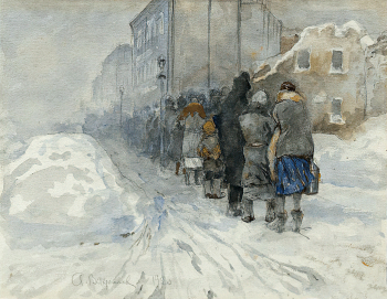Вахрамеев Александр Иванович. Очередь. Бумага, акварель, карандаш. 22,2х28,5. 1920. Государственный музей истории Санкт-Петербурга.