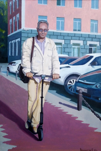 Волокитин Сергей Павлович. Булакин на самокате. МДФ, масло. 60х40. 2021. Абаканская картинная галерея имени Ф.Е.Пронских.