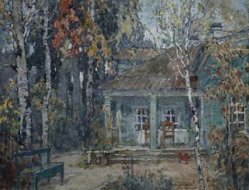 Ламбин Пётр Борисович. Три сестры. Эскиз декорации. Картон, масло, карандаш. 47,8х61,3. 1910. Санкт-Петербургский государственный музей театрального и музыкального искусства.