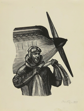 Аптер Яков Натанович. Летчик у самолёта. Бумага, ксилография. 19,6х15,2. 1934. Государственный музей изобразительных искусств имени А.С.Пушкина.