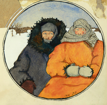 Гефель Георгий Иванович. Бабы едут. Бумага, акварель. 16х16. 1917. Башкирский государственный художественный музей имени М.В.Нестерова.