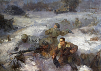 Комаров Евгений Иванович. Подвиг 28 героев-панфиловцев. Холст, масло. 130х180. 1942. Государственный музей обороны Москвы.
