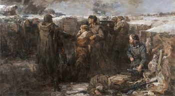 Гурин Анатолий Николаевич. Панфиловцы. Холст, масло. 140х253. 1948. Научно-исследовательский музей при Российской Академии художеств.
