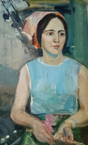 Радимова Мария Павловна. Портрет прядильщицы Шуры Смирновой. Холст, масло. 55х33. 1977. Ногинский музейно-выставочный центр.