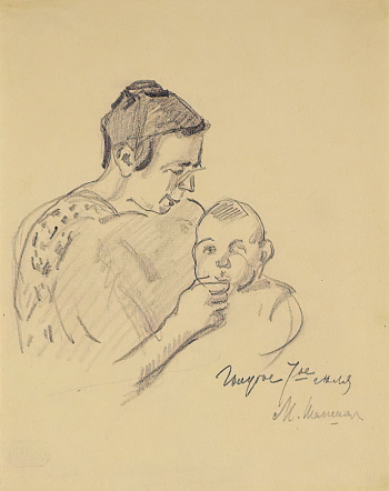 Бернгоф-Шапшал Маргарита Юрьевна. Художница О.А.Бари-Айзенман с сыном Алёшей. Бумага, карандаш. 21,5х17. 1917. Государственный музей изобразительных искусств имени А.С.Пушкина.