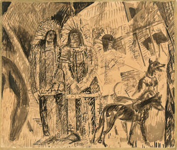 Соколов Пётр Иванович (1892-1937). Сцена с индейцами. Бумага, тушь. 43,5х51,9. 1920-е. Государственный Русский музей.