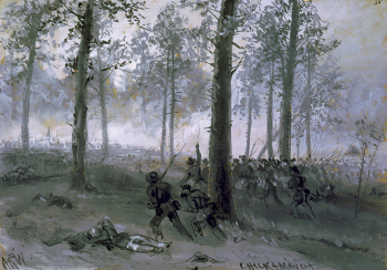 Альфред Воуд (Alfred Waud) (1828-1891). Битва при Чикамоге. Бумага, смешанная техника. 17,4х25,3. 1863. Библиотека Конгресса.