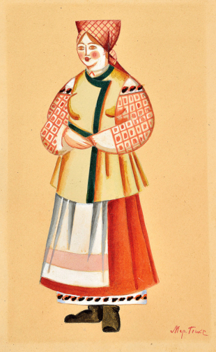 Генке-Шифрина Маргарита (Мага) Генриховна. Женщина в платке. Эскиз театрального костюма. Бумага, акварель. 28х18. 1920-е. Частное собрание.