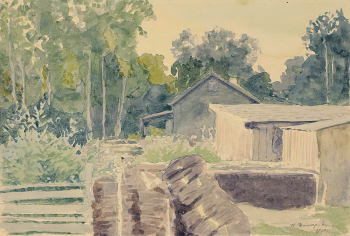 Зимарёв Николай Николаевич. Сараи. Бумага, акварель. 14,7х21,8. 1920. Государственный музей изобразительных искусств имени А.С.Пушкина.