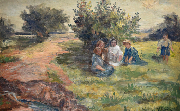 Репина Вера Ильинична. На прогулке. Картон, масло. 22х35,2. 1926. Чайковский историко-художественный музей.