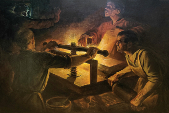 Карпов Степан Михайлович (1890-1929). Подпольная типография. Картон, масло. 36,5х54. Начало 1920-х. Государственный центральный музей современной истории России.