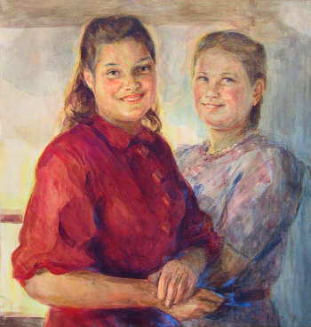 Шор Сарра Марковна. Девушки-ремесленницы. Бумага, акварель, гуашь. 58х55,5. 1944. Астраханская государственная картинная галерея имени П.М.Догадина.
