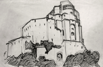 Голов Георгий Иванович. Замок, набросок декорации. Бумага, гуашь. 13,5х21,5. 1909. Государственный центральный театральный музей имени А.А.Бахрушина.