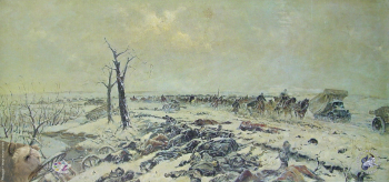 Кривоногов Пётр Александрович. 17 февраля в районе Корсуни. Холст, масло. 95х200. 1945. Студия военных художников имени М.Б.Грекова.