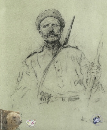 Кривоногов Пётр Александрович. Гвардии рядовой Агеев. Берлин. Бумага, карандаш. 36х27. 1945. Студия военных художников имени М.Б.Грекова.
