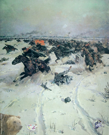 Кривоногов Пётр Александрович. Советская конница в боях под Москвой. Холст, масло. 246х201. 1950. Студия военных художников имени М.Б.Грекова.