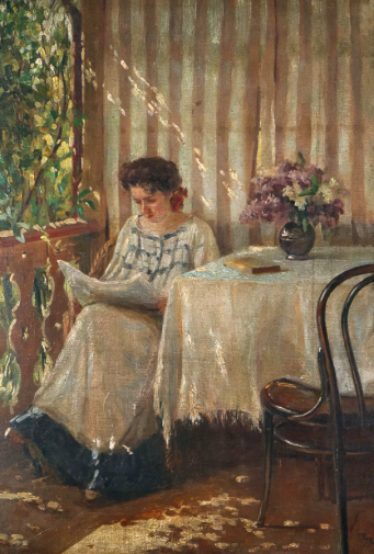 Андронов Анатолий Фёдорович. Девушка на веранде. Холст на картоне, масло. 64х46. 1909. Калининградский областной музей изобразительных искусств.