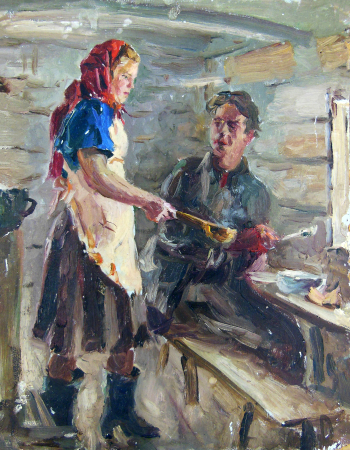 Толкачёв Сергей Алексеевич. За добавкой. Картон, масло. 35х28. 20 век. Духовщинский районный историко-художественный музей.