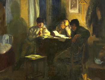 Геллер Пётр Исаакович. Рабфаковцы. Фанера, масло. 60х79. 1920-е. Государственный музей политической истории России.