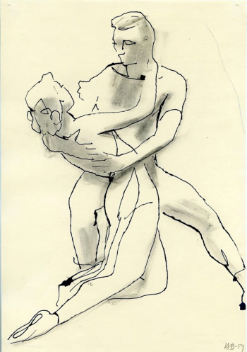 Власов Василий Адрианович. Дуэт. Бумага, тушь, акварель. 29,8х20,1. 1959. Санкт-Петербургский государственный музей театрального и музыкального искусства.