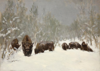 Флёров Константин Константинович. Беловежские зубры. Картон, масло. 33х48. 1965. Государственный Дарвиновский музей.