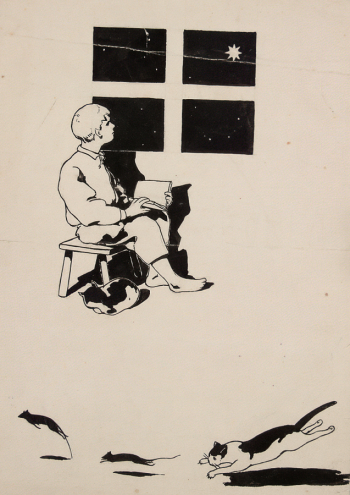 Флёри Вацлава Станиславовна. Мальчик с книгой. Из иллюстраций к букварю. Бумага, тушь, перо. 25х18. 1919. Национальный художественный музей Республики Беларусь.