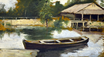 Варсонофьев Сергей Сергеевич. Лодка. Колабино, река Иловай. Фанера, масло. 1930. Музей-усадьба А.М.Герасимова.