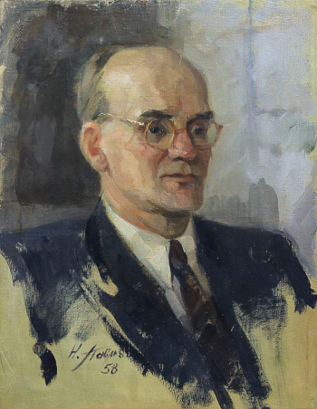 Павлов Николай Александрович. Портрет кандидата искусствоведения Москвинова Владимира Николаевича. Этюд. Холст, масло. 49х38. 1958. Государственный художественный музей (Ханты-Мансийск).