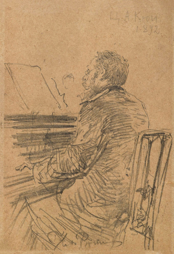 Репин Илья Ефимович (1844-1930). Кюи Цезарь Антонович за роялем. Бумага, карандаш. 17,1х11,7. 1892. Государственная Третьяковская галерея.
