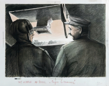 Юнг Владимир Григорьевич. Серго Орджоникидзе в танке. Бумага, литография. 57,5х72,8. 1937. Государственный музейно-выставочный центр РОСИЗО.
