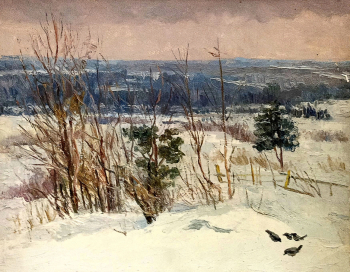 Кукс Миней Ильич. Зимний пейзаж. Картон, масло. 42х52. 1942-1943. Художественная культура Русского Севера.